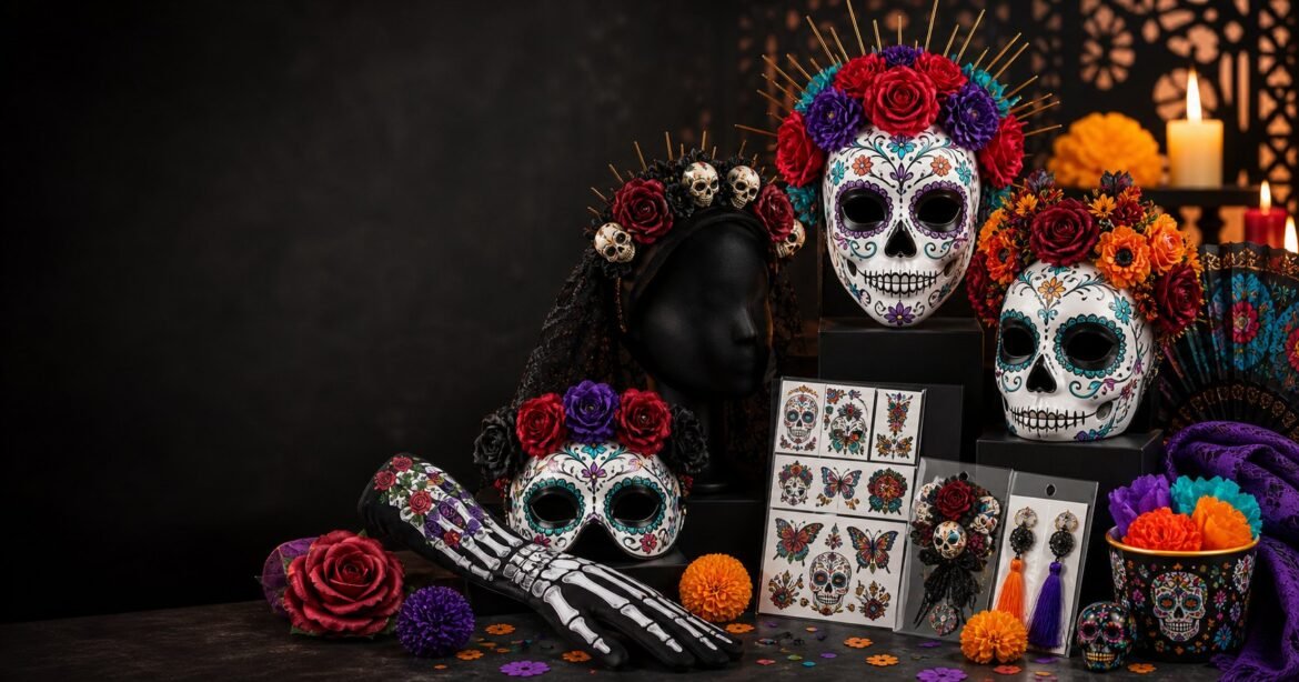 Custom sugar skull accessories for Day of the Dead retail collections with masks floral headbands and party props