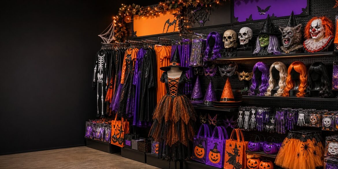 Halloween retail display with costumes masks wigs hats and accessories