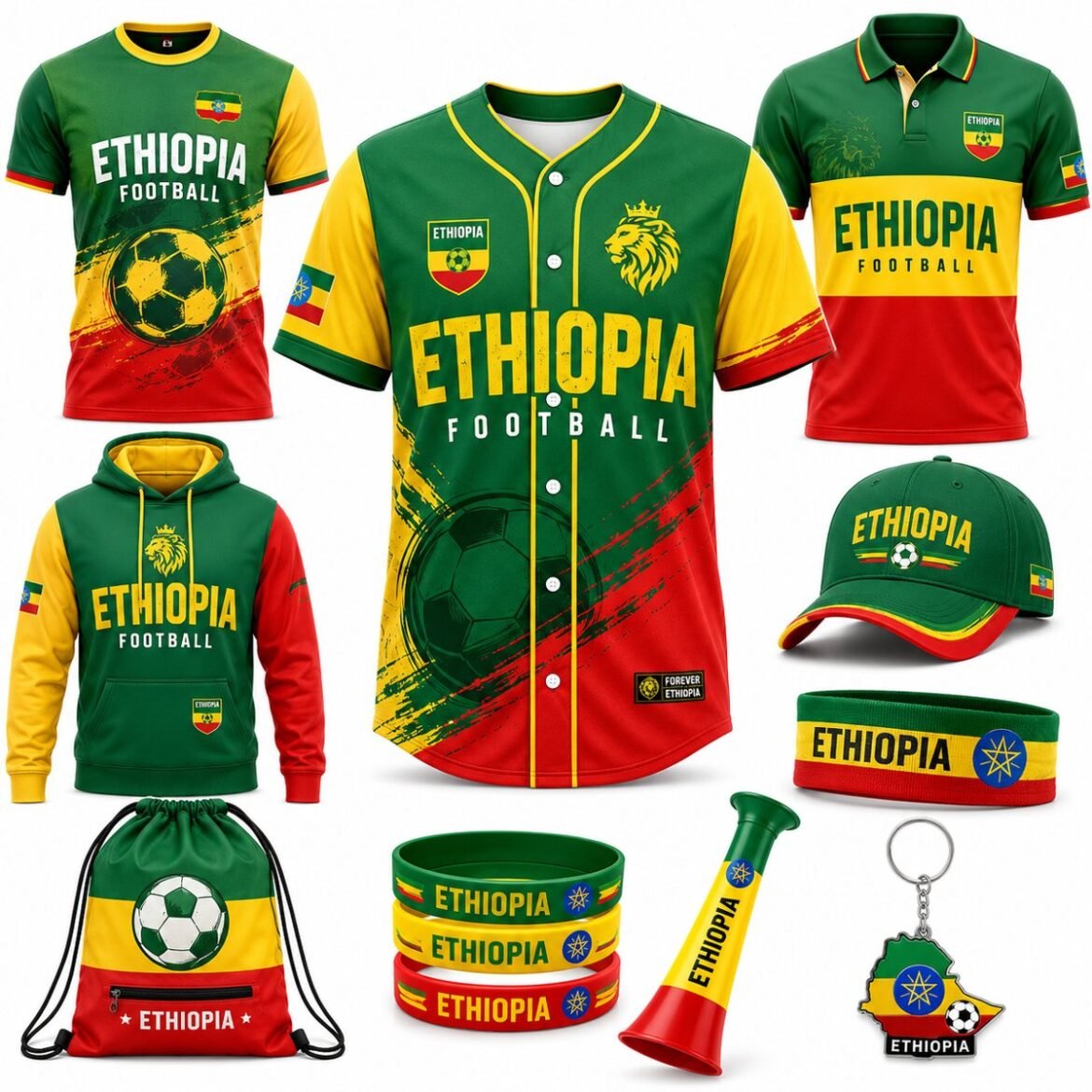 Custom Ethiopia football fan merchandise collection including jerseys, hoodie, cap, wristbands, drawstring bag, horn and keychain