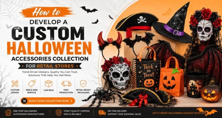 Custom Halloween accessories collection banner with masks hats bags headwear and retail-ready party props