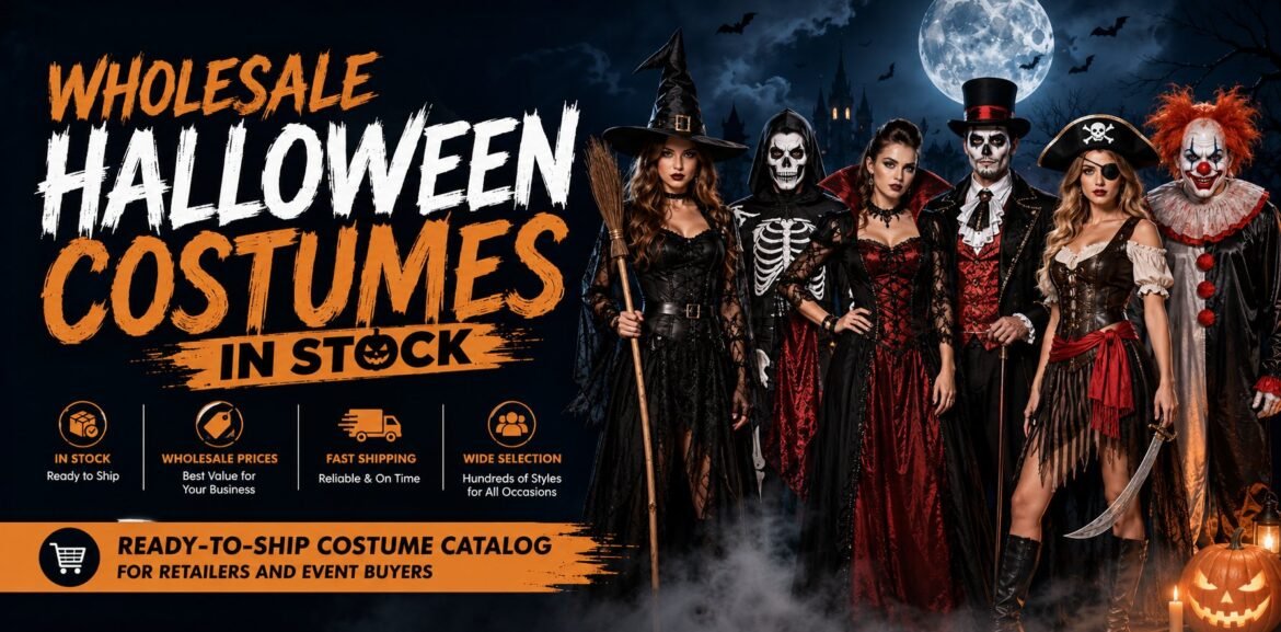 Wholesale Halloween costumes in stock banner with witch skeleton vampire pirate clown and ready to ship costume catalog