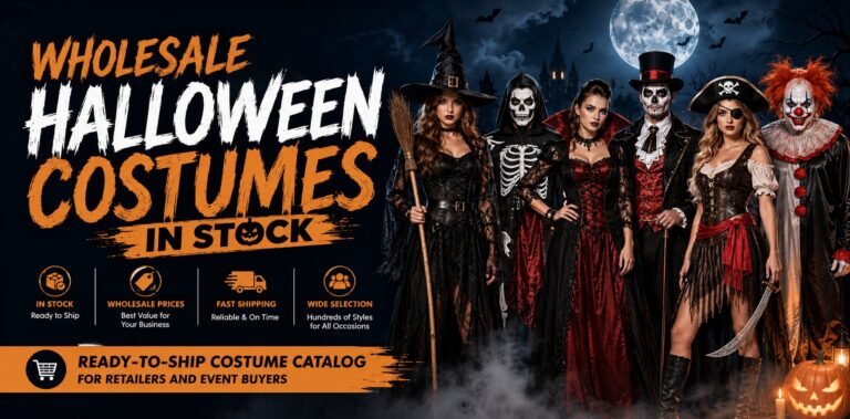 Wholesale Halloween costumes in stock banner with witch skeleton vampire pirate clown and ready to ship costume catalog