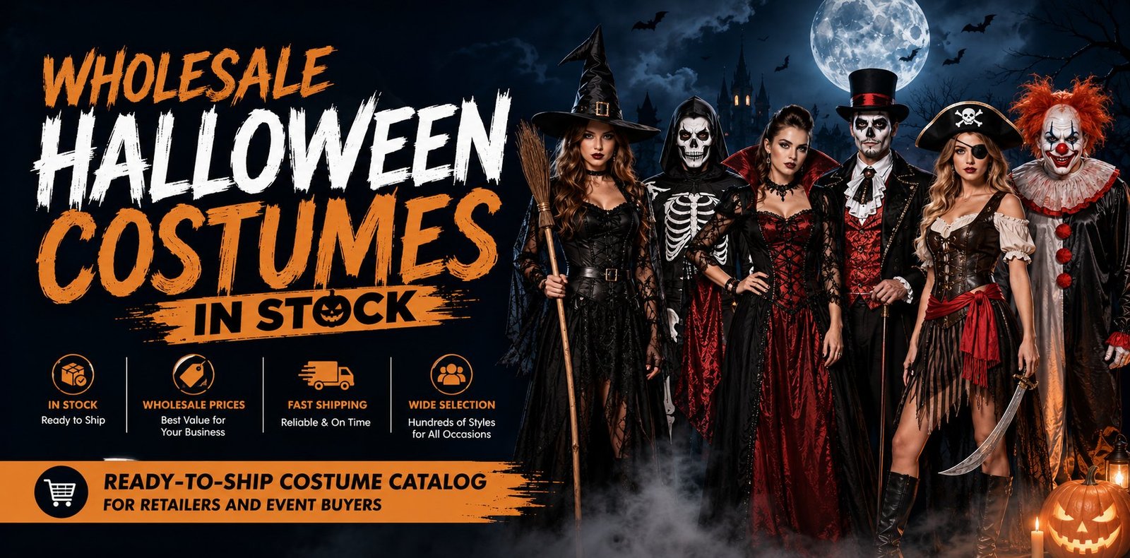 Wholesale Halloween costumes in stock banner with witch skeleton vampire pirate clown and ready to ship costume catalog