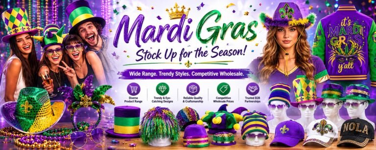 Mardi Gras wholesale party supplies banner with hats beads caps apparel and carnival accessories for B2B buyers