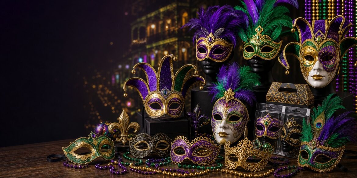 Mardi Gras masks wholesale with purple green gold masquerade masks for retailers and events