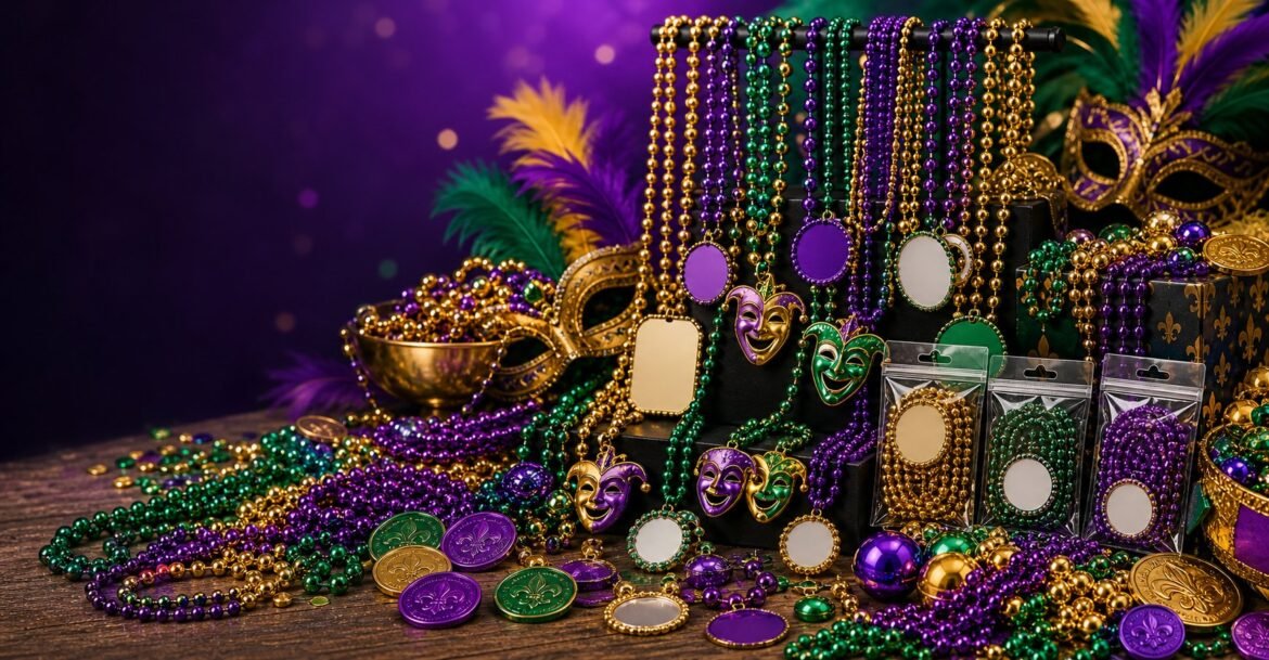 Custom Mardi Gras beads logo necklaces and parade throws in purple green and gold