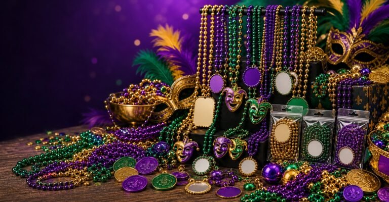 Custom Mardi Gras beads logo necklaces and parade throws in purple green and gold