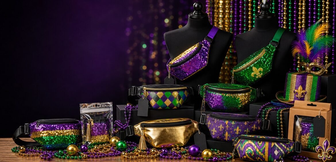 Custom Mardi Gras fanny packs and festival belt bags for parades and promotions