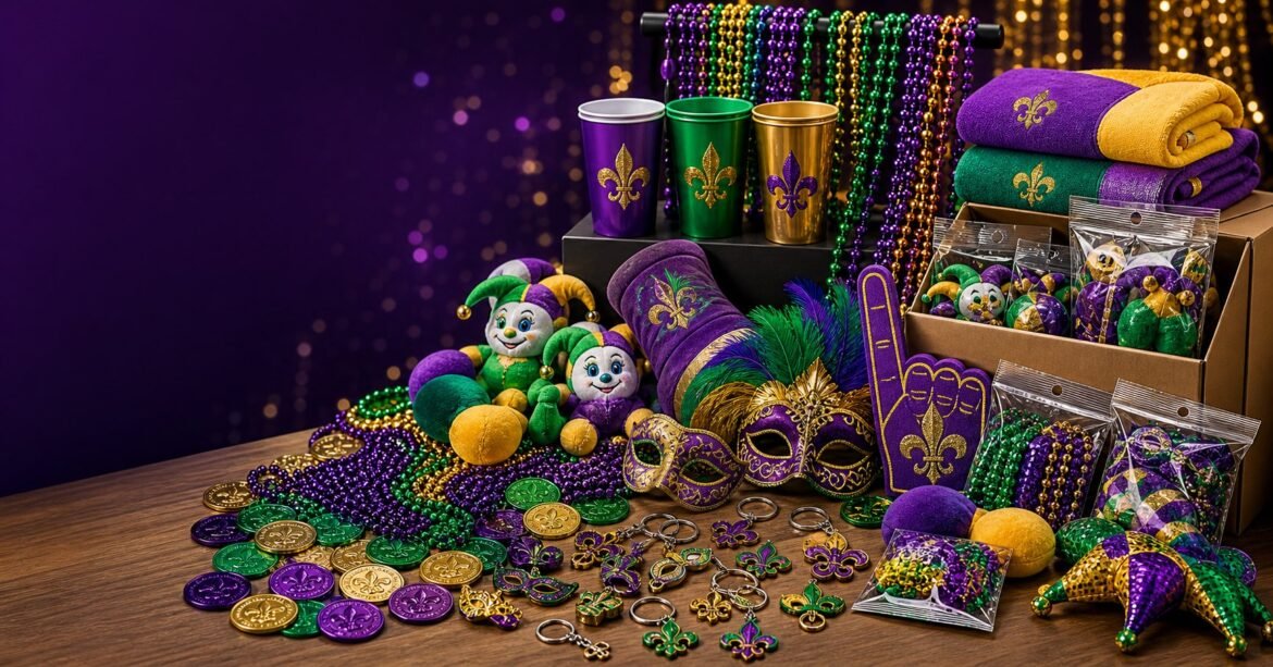 Mardi Gras parade throws wholesale assortment with beads cups plush and party giveaways