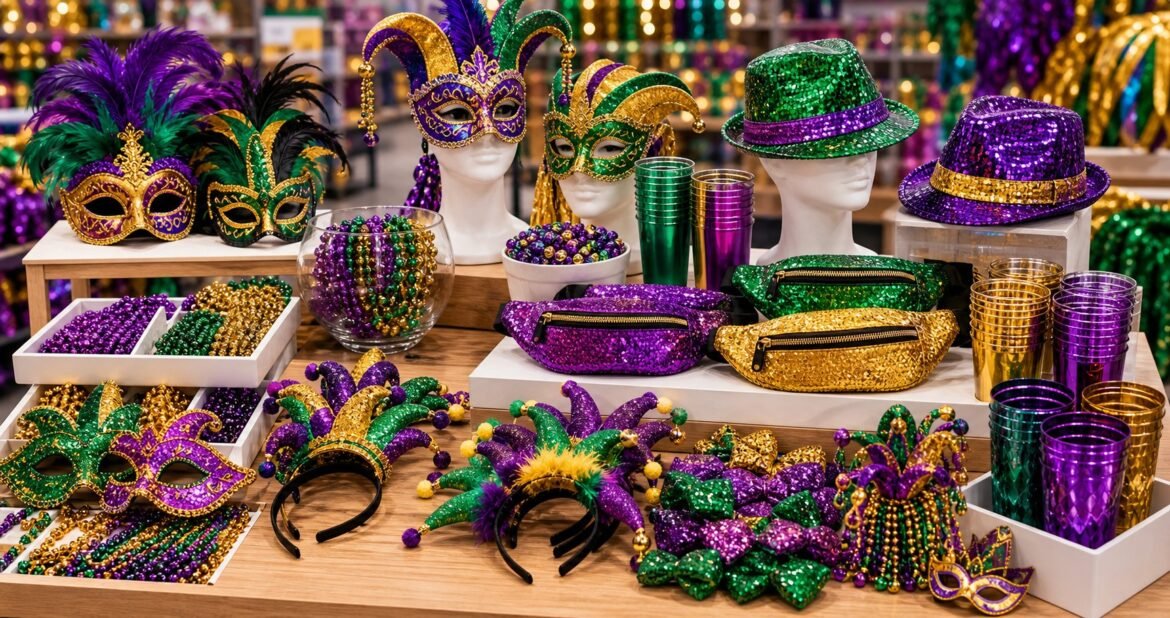 Mardi Gras retail display with masks beads hats and party accessories for stores