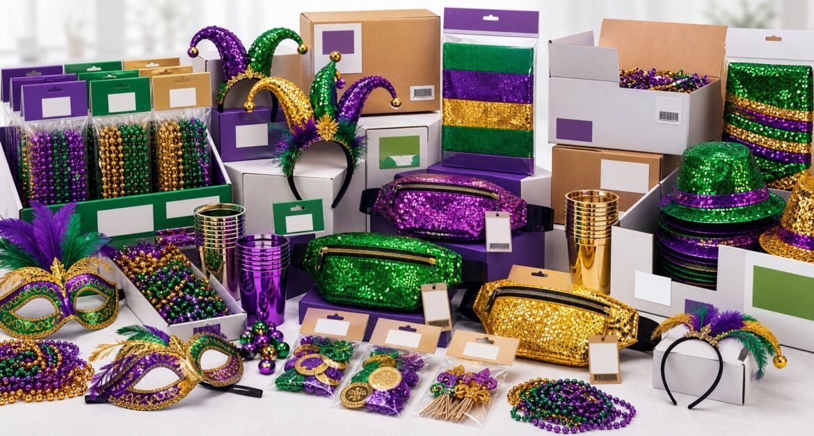 Private label Mardi Gras party supplies with blank packaging boxes and carnival accessories