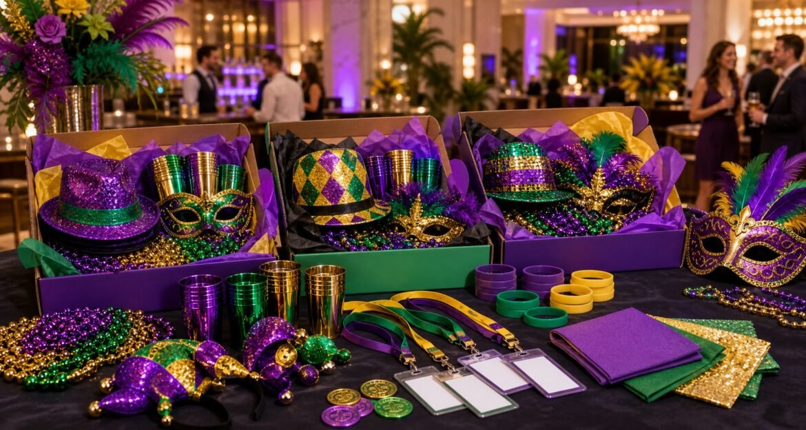 Mardi Gras event kits with custom beads masks cups headwear and party favors