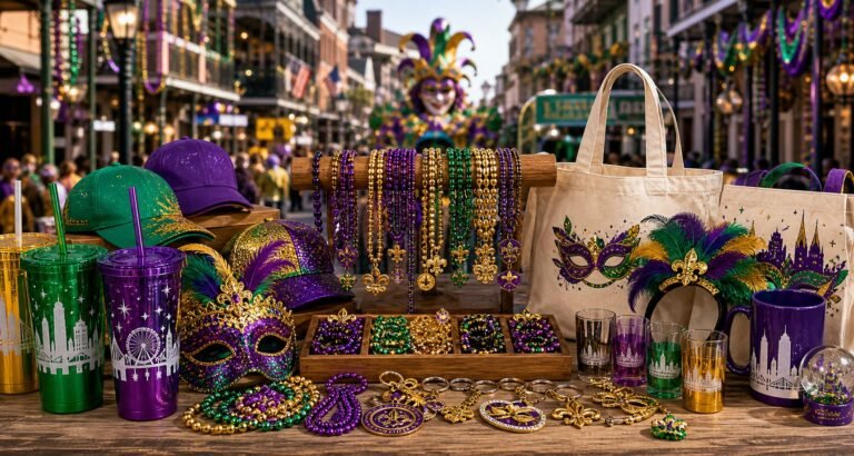 Mardi Gras tourism promotional products with souvenirs beads cups caps and festival giveaways