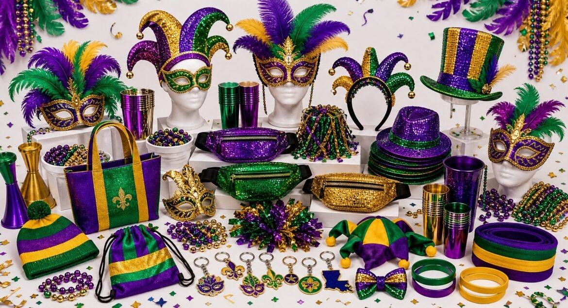 Wholesale Mardi Gras accessories catalog with masks beads fanny packs headwear and party supplies