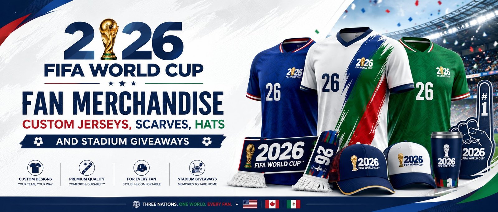 2026 FIFA World Cup fan merchandise banner with custom jerseys scarves hats foam hands and stadium giveaways