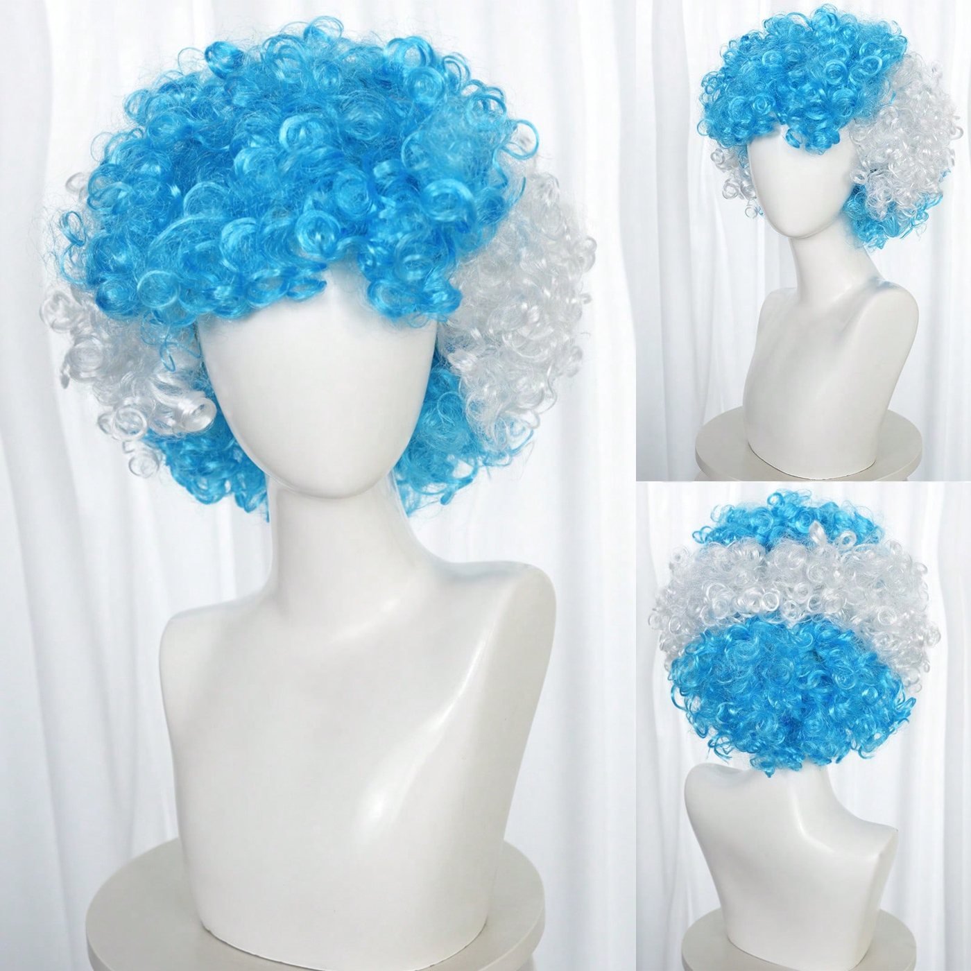 Blue and white 110g afro fan wig front side and back view
