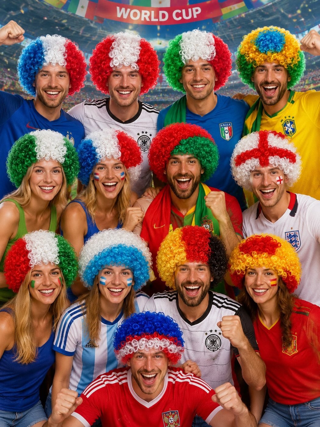World Cup football fans wearing custom afro wigs